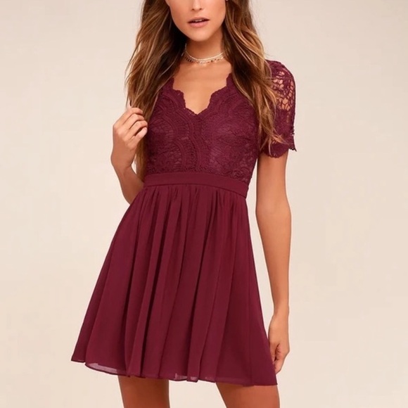 Lulus NWT Angel in Disguise Burgundy Lace Skater Dress fit Flare Pleated - Picture 8 of 11